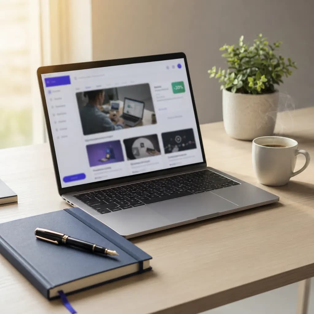 Modern minimal desk with the Learzo course platform on an open laptop showing course thumbnails and discount badges, alongside a notebook, fountain pen, coffee, and a small plant in warm natural light