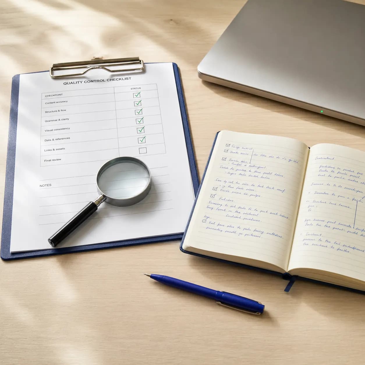 Quality control clipboard with checklist and green checkmarks, a magnifying glass, an open notebook with handwritten verification notes, and an indigo blue pen — Learzo's 3-stage course audit in action